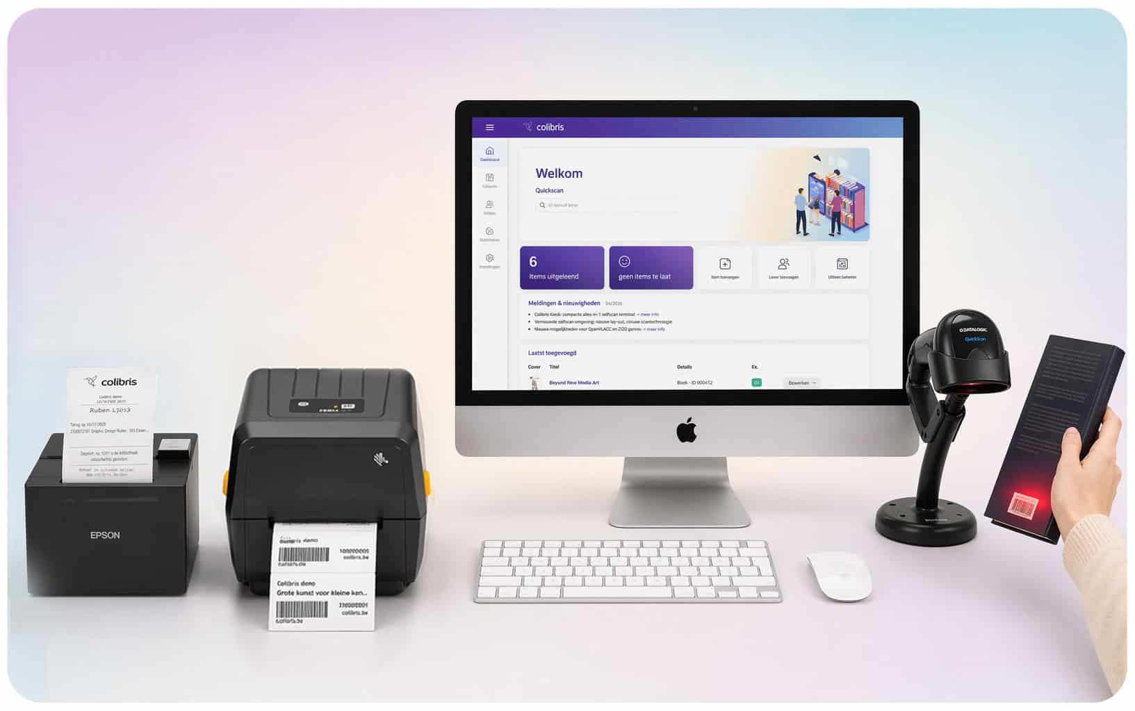 Colibris bibliotheek, met barcodelabels, scanner en ticketprinter